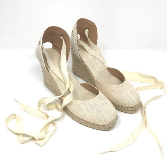 SOLUDOS Cream Linen Wedge Lace Up Espadrille - Picture 8 of 12